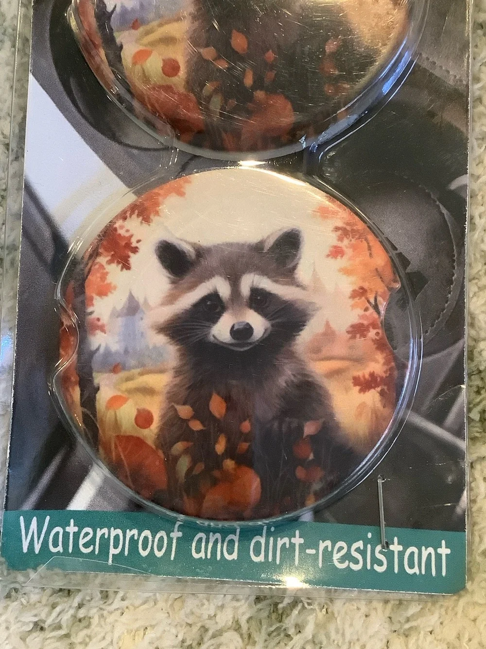 Raccoon Ceramic Car Coaster Set of Two, NWT waterproof 2.75”